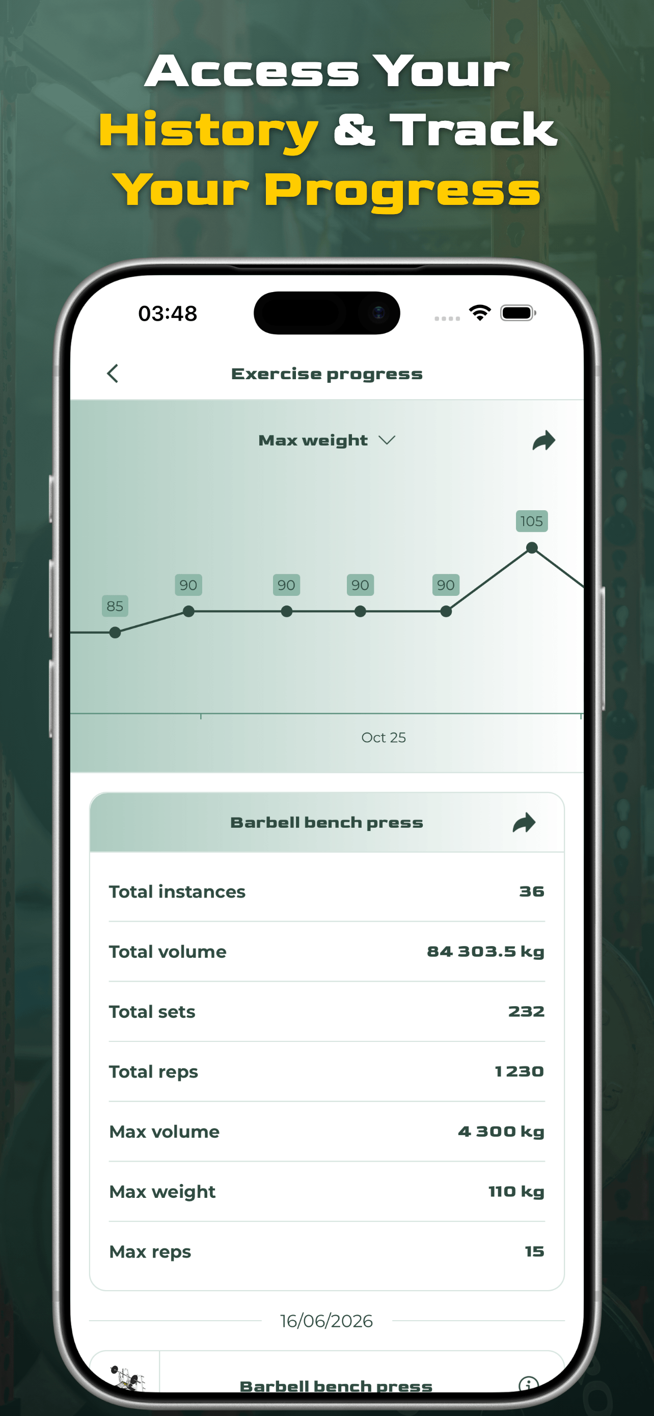Virtus Athlete exercise history and progress charts
